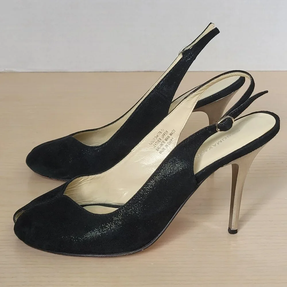 BCBGMAXAZRIA Kelly Black Metallic Leather Peep Toe Heels Size EU 39/US 8.5